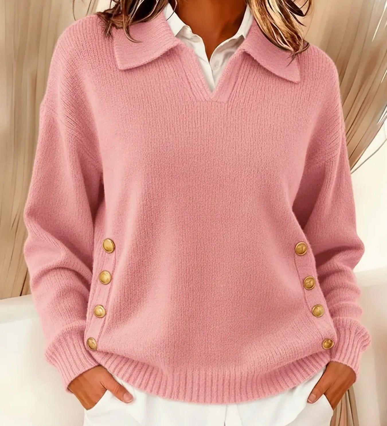 Barbara | Polo Collar Sweater with Gold Buttons