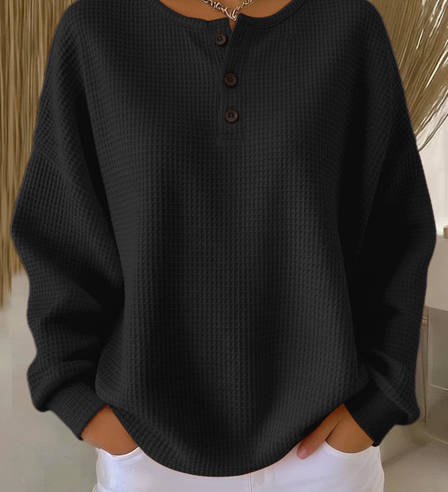 Nancy | Waffle Knit Henley Sweatshirt